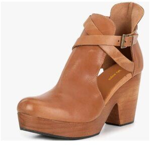 Brown Platform Round Toe Cutout Strap Buckles Cork Chunky High Heels Ankle Boot